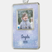 Weiße Schneeflocken Dots Name Jahr Foto Rahmen-Ornament Silber (Links)