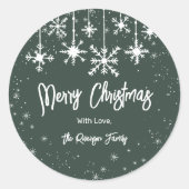 Weiße Schneeflocken elegante grüne Weihnachten Runder Aufkleber (Vorderseite)
