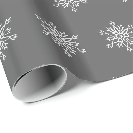 Weiße Schneeflocken Grau Hintergrund Wrapping Pape Geschenkpapier (Rolleneckpunkt)