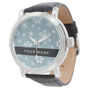 Weiße Schneeflocken, Grau, Ihr Name, Personalisier Armbanduhr