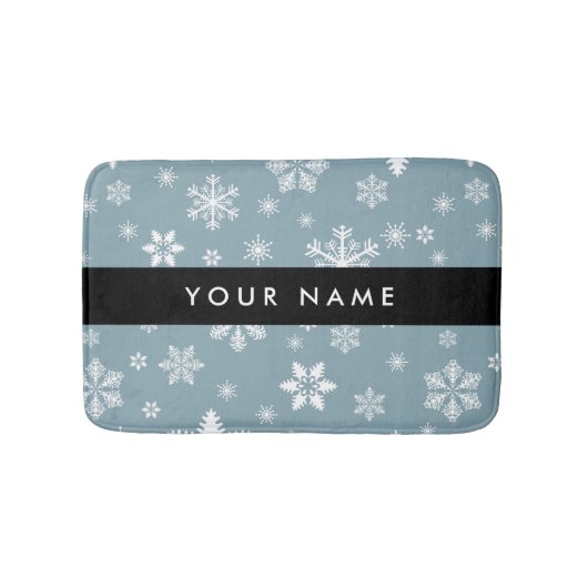 Weiße Schneeflocken, Grau, Ihr Name, Personalisier Badematte (Vorderseite)