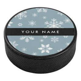 Weiße Schneeflocken, Grau, Ihr Name, Personalisier Eishockey Puck