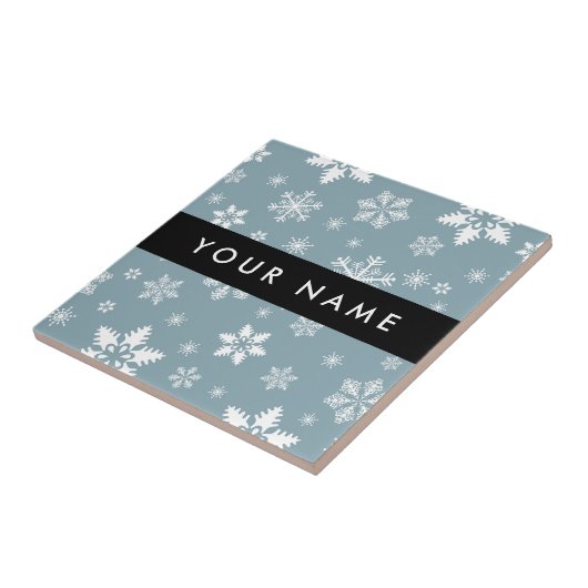 Weiße Schneeflocken, Grau, Ihr Name, Personalisier Fliese (Seite)