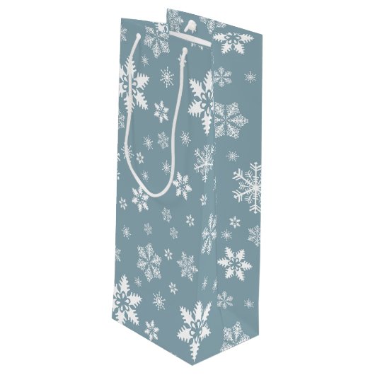 Weiße Schneeflocken, Grau, Ihr Name, Personalisier Geschenktüte Für Weinflaschen (Rückseite Schrägansicht)
