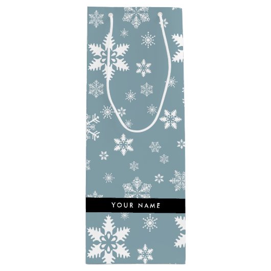 Weiße Schneeflocken, Grau, Ihr Name, Personalisier Geschenktüte Für Weinflaschen (Vorderseite)