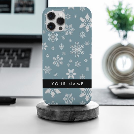 Weiße Schneeflocken, Grau, Ihr Name, Personalisier iPhone Hülle