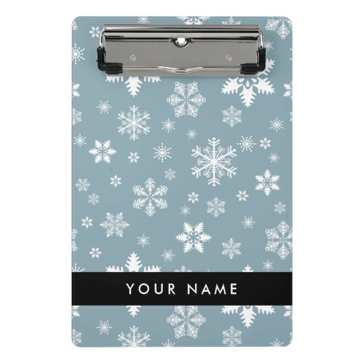Weiße Schneeflocken, Grau, Ihr Name, Personalisier Mini Klemmbrett (Vorderseite)