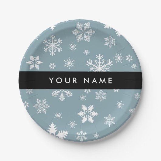 Weiße Schneeflocken, Grau, Ihr Name, Personalisier Pappteller (Vorderseite)