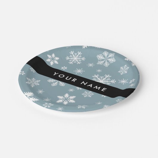 Weiße Schneeflocken, Grau, Ihr Name, Personalisier Pappteller (Schrägansicht)