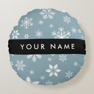Weiße Schneeflocken, Grau, Ihr Name, Personalisier Rundes Kissen