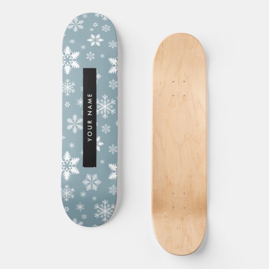Weiße Schneeflocken, Grau, Ihr Name, Personalisier Skateboard (Vorderseite)