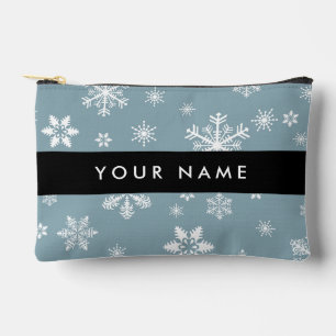 Weiße Schneeflocken, Grau, Ihr Name, Personalisier Zubehörtasche