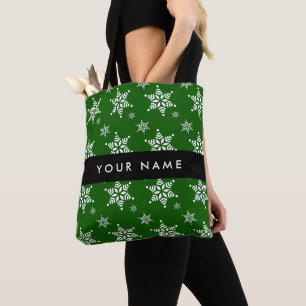 Weiße Schneeflocken, Grün, Ihr Name, Personalisier Tasche