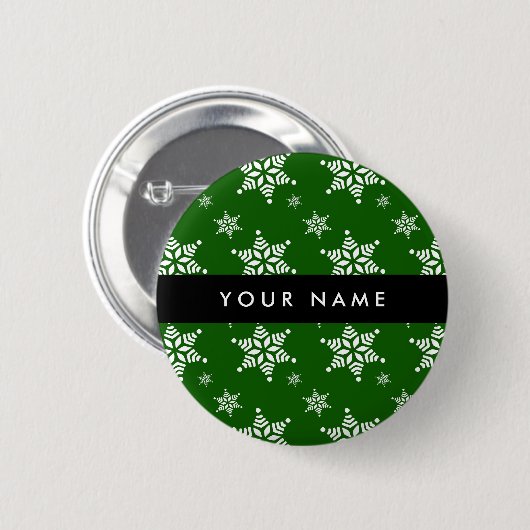 Weiße Schneeflocken, Grün, Ihr Name, Persönlich ge Button (Vorne & Hinten)