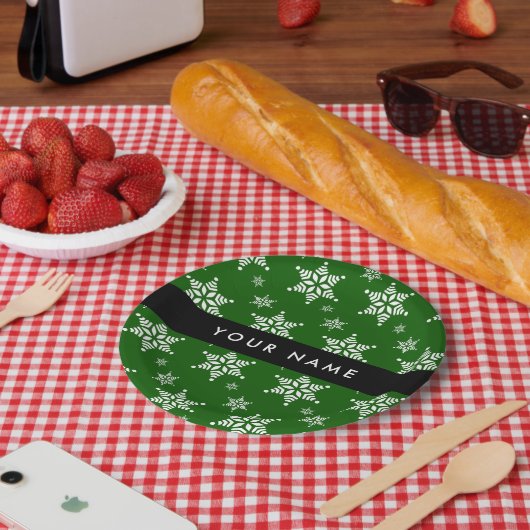 Weiße Schneeflocken, Grün, Ihr Name, Persönlich ge Pappteller (Picknick)