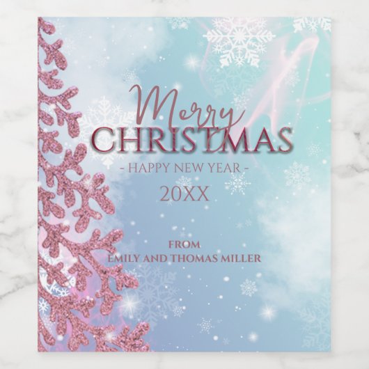 Weiße Schneeflocken im hellblauen Winter Weihnacht Weinetikett (Einzelnes Label)