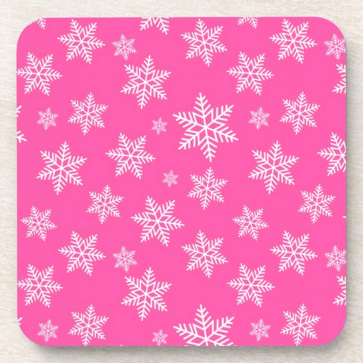 Weiße Schneeflocken im rosa Wintermuster Getränkeuntersetzer (Vorderseite)