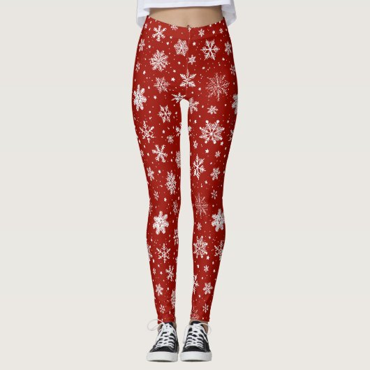 Weiße Schneeflocken in Rot Leggings (Vorderseite)