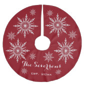 Weiße Schneeflocken in Rot Polyester Weihnachtsbaumdecke (Vorderseite)
