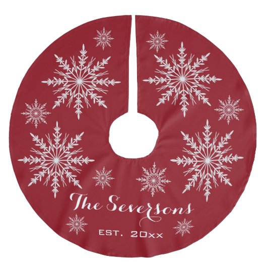 Weiße Schneeflocken in Rot Polyester Weihnachtsbaumdecke (Vorderseite)