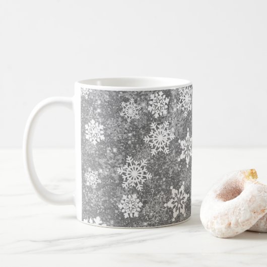 Weiße Schneeflocken Luxuriöse Gray Elegante Weihna Kaffeetasse (Mit Donut)