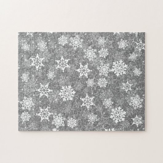 Weiße Schneeflocken Luxuriöses Grau Elegantes Weih Puzzle (Horizontal)