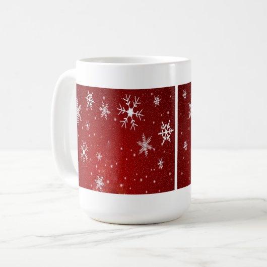 Weiße Schneeflocken mit rotem Hintergrund Kaffeetasse (Vorderseite Links)