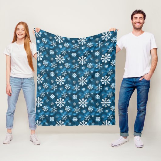 Weiße Schneeflocken Muster auf blauem Winter Fleecedecke (Beispiel)