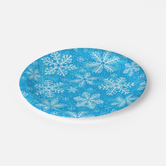 Weiße Schneeflocken Pappteller (Schrägansicht)