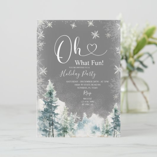 Weiße Schneeflocken & Pine Trees Feiertag Einladung (Stehend Vorderseite)