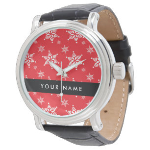 Weiße Schneeflocken, Rot, Ihr Name, Personalisiere Armbanduhr