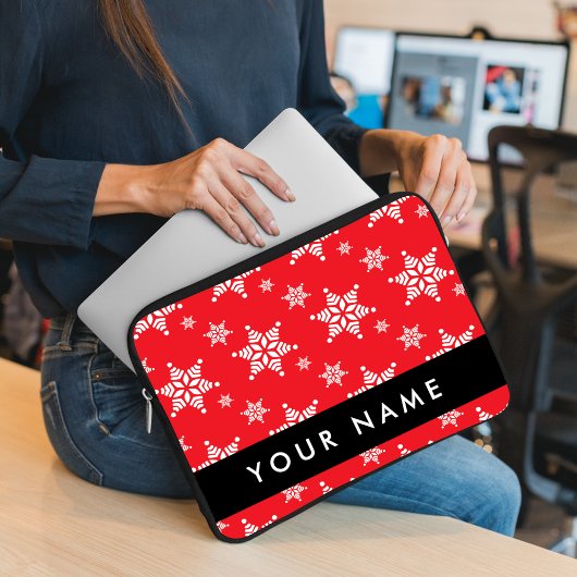 Weiße Schneeflocken, Rot, Ihr Name, Personalisiere Laptopschutzhülle
