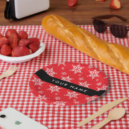 Weiße Schneeflocken, Rot, Ihr Name, Personalisiere Pappteller