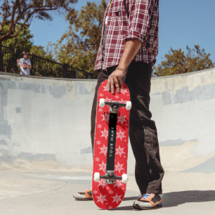 Weiße Schneeflocken, Rot, Ihr Name, Personalisiere Skateboard