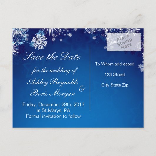 Weiße Schneeflocken Save the Date auf der Postkart Ankündigungspostkarte (Rückseite)