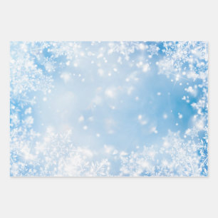 Weiße Schneeflocken über blauem Hintergrund Winter Geschenkpapier Set