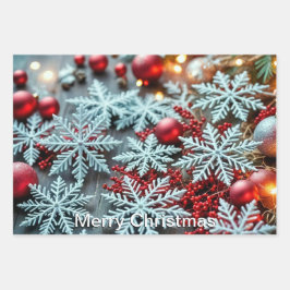 Weiße Schneeflocken und hellrote Ornamente Geschenkpapier Set