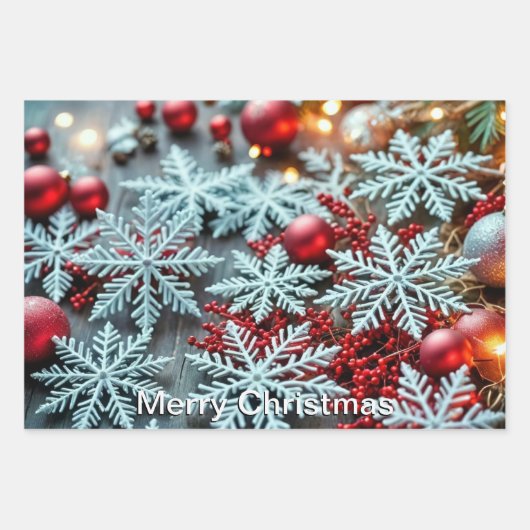 Weiße Schneeflocken und hellrote Ornamente Geschenkpapier Set (Vorderseite)