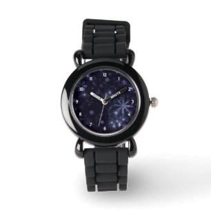 Weiße Schneeflocken und Mitternachtsblauer Hinterg Armbanduhr