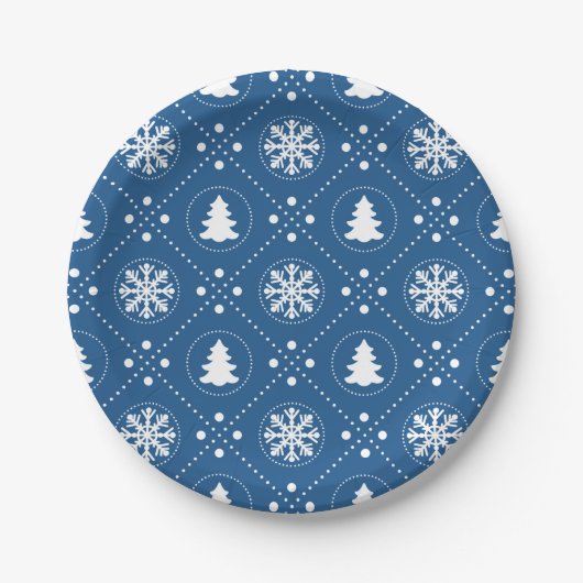 Weiße Schneeflocken Weihnachtsbaumen Blaues Design Pappteller (Vorderseite)