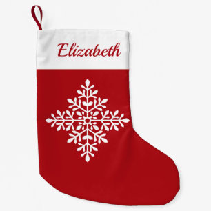 Weiße Schneeflockenform auf Rot mit individuellem Kleiner Weihnachtsstrumpf