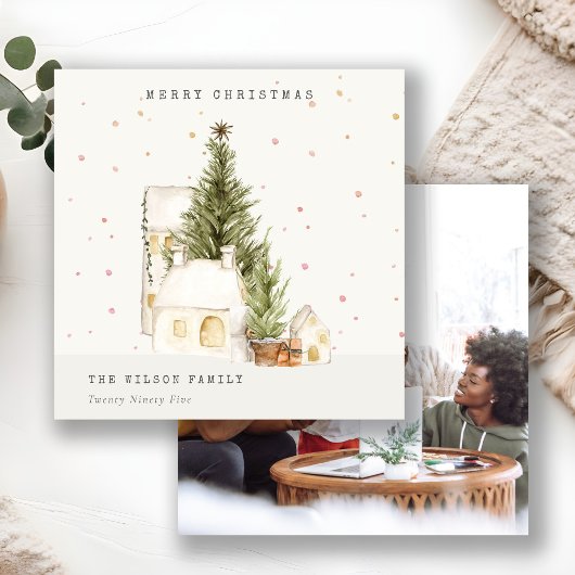 Weiße Schneehäuser Foto Weihnachtsgrüße Feiertagskarte