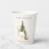 Weiße Schneehäuser Frohe Weihnachtsgrüße Pappbecher (Vorderseite)