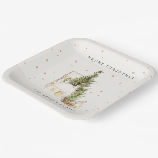 Weiße Schneehäuser Frohe Weihnachtsgrüße Pappteller (Gewinkelt)