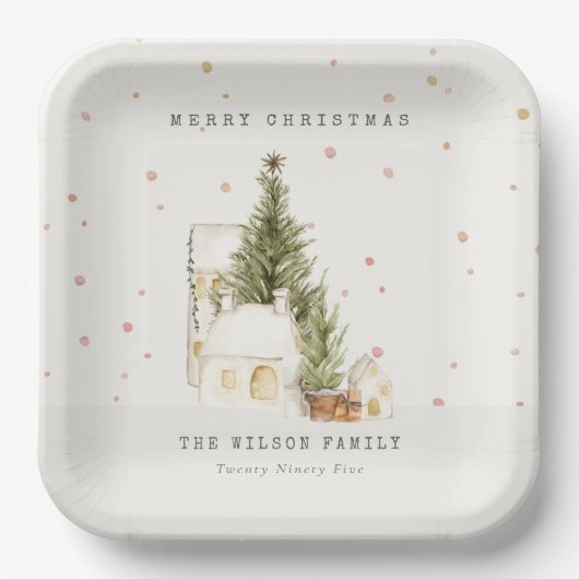 Weiße Schneehäuser Frohe Weihnachtsgrüße Pappteller (Vorderseite)