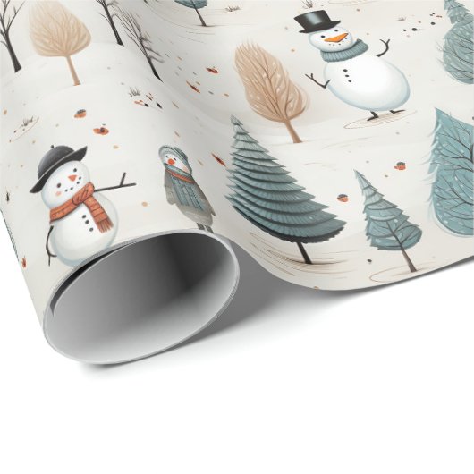 Weiße Schneemänner und Weihnachtsbaumen Geschenkpapier (Rolleneckpunkt)