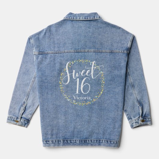 Weiße Schrift Sweet 16 Pink Yellow Blue Confetti Jeansjacke (Rückseite)