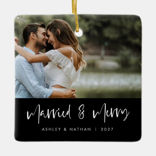 Weiße Schrift Verheiratet & Schwarzes Foto Ornamen Keramikornament (Vorderseite)