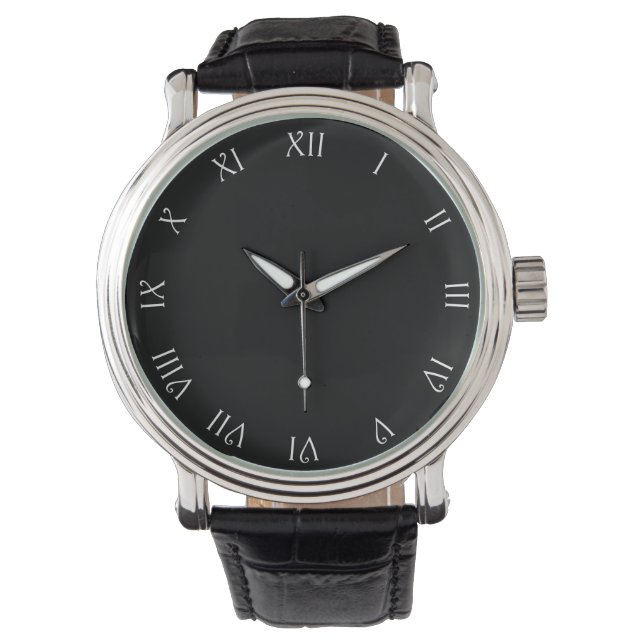 Weiße Schriftzeichen römische Zahlen auf schwarzem Armbanduhr (Vorderseite)