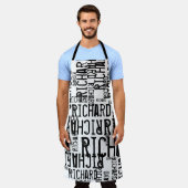 Weiße Schürze mit schwarzen Bezeichnungen für Mehr (Getragen)